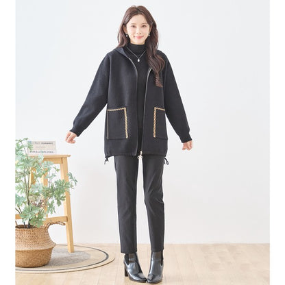 【M〜L】異素材パッチワークフーディカーディガン｜軽量あったか・大人カジュアル・TRUBE・N25-161A