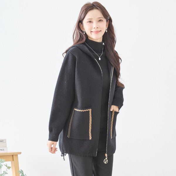 【M〜L】異素材パッチワークフーディカーディガン｜軽量あったか・大人カジュアル・TRUBE・N25-161A