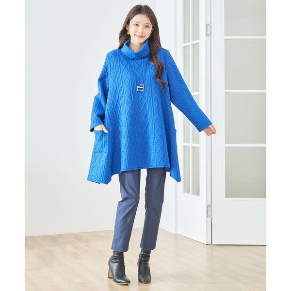 【L〜LL】立体ジャガードタートルネックAラインチュニック｜ゆったり体型カバー・大人上品・TRUBE・N83-238