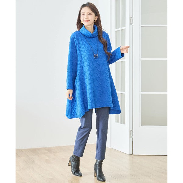 【L〜LL】立体ジャガードタートルネックAラインチュニック｜ゆったり体型カバー・大人上品・TRUBE・N83-238