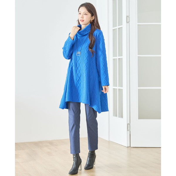 【L〜LL】立体ジャガードタートルネックAラインチュニック｜ゆったり体型カバー・大人上品・TRUBE・N83-238