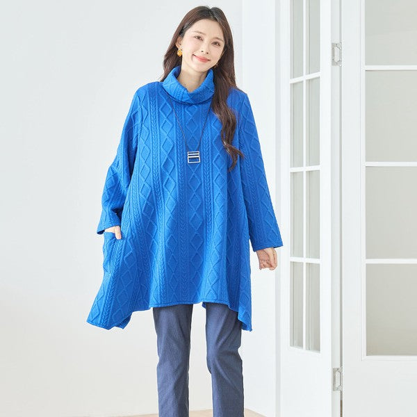 【L〜LL】立体ジャガードタートルネックAラインチュニック｜ゆったり体型カバー・大人上品・TRUBE・N83-238