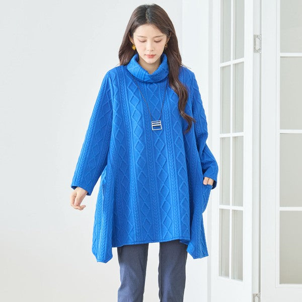 【L〜LL】立体ジャガードタートルネックAラインチュニック｜ゆったり体型カバー・大人上品・TRUBE・N83-238