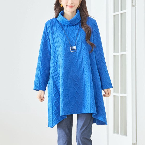 【L〜LL】立体ジャガードタートルネックAラインチュニック｜ゆったり体型カバー・大人上品・TRUBE・N83-238