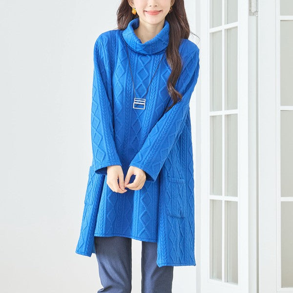 【L〜LL】立体ジャガードタートルネックAラインチュニック｜ゆったり体型カバー・大人上品・TRUBE・N83-238