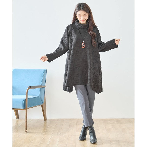 【L〜LL】立体ジャガードタートルネックAラインチュニック｜ゆったり体型カバー・大人上品・TRUBE・N83-238