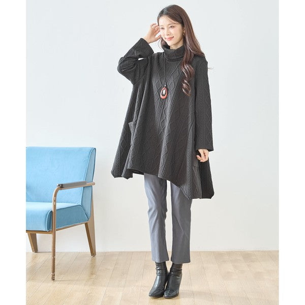 【L〜LL】立体ジャガードタートルネックAラインチュニック｜ゆったり体型カバー・大人上品・TRUBE・N83-238