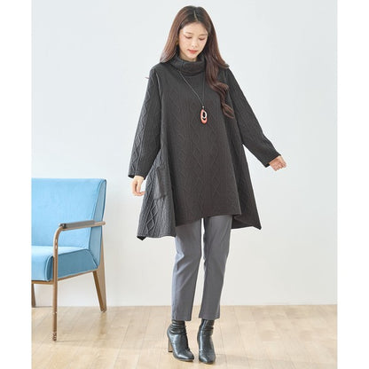 【L〜LL】立体ジャガードタートルネックAラインチュニック｜ゆったり体型カバー・大人上品・TRUBE・N83-238