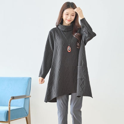 【L〜LL】立体ジャガードタートルネックAラインチュニック｜ゆったり体型カバー・大人上品・TRUBE・N83-238