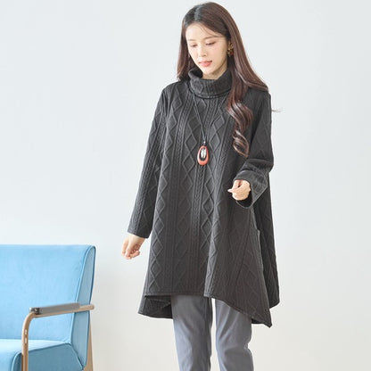 【L〜LL】立体ジャガードタートルネックAラインチュニック｜ゆったり体型カバー・大人上品・TRUBE・N83-238