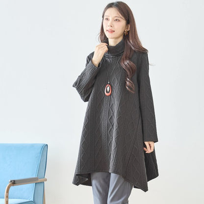 【L〜LL】立体ジャガードタートルネックAラインチュニック｜ゆったり体型カバー・大人上品・TRUBE・N83-238