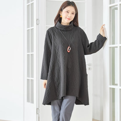 【L〜LL】立体ジャガードタートルネックAラインチュニック