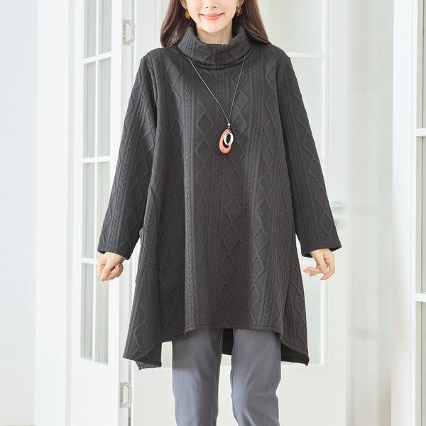 【L〜LL】立体ジャガードタートルネックAラインチュニック｜ゆったり体型カバー・大人上品・TRUBE・N83-238