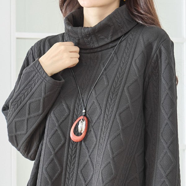 【L〜LL】立体ジャガードタートルネックAラインチュニック｜ゆったり体型カバー・大人上品・TRUBE・N83-238