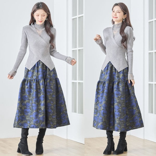 【M〜L】レースインナー付きアシメ重ねデザインニットトップス｜フェミニン×上品レイヤード・amie studio・N12-949