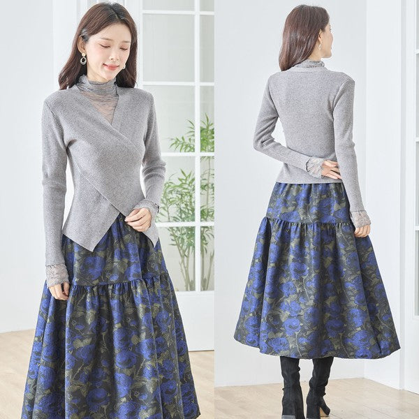 【M〜L】レースインナー付きアシメ重ねデザインニットトップス｜フェミニン×上品レイヤード・amie studio・N12-949