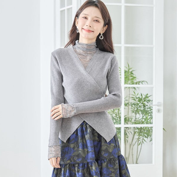 【M〜L】レースインナー付きアシメ重ねデザインニットトップス｜フェミニン×上品レイヤード・amie studio・N12-949