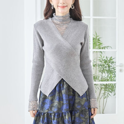 【M〜L】レースインナー付きアシメ重ねデザインニットトップス｜フェミニン×上品レイヤード・amie studio・N12-949