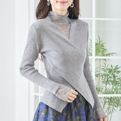 【M〜L】レースインナー付きアシメ重ねデザインニットトップス｜フェミニン×上品レイヤード・amie studio・N12-949