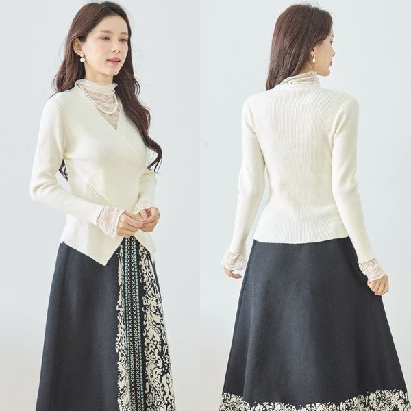 【M〜L】レースインナー付きアシメ重ねデザインニットトップス｜フェミニン×上品レイヤード・amie studio・N12-949