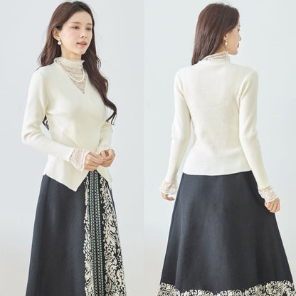 【M〜L】レースインナー付きアシメ重ねデザインニットトップス｜フェミニン×上品レイヤード・amie studio・N12-949