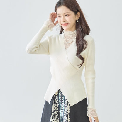 【M〜L】レースインナー付きアシメ重ねデザインニットトップス｜フェミニン×上品レイヤード・amie studio・N12-949