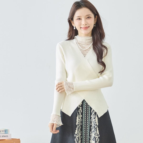 【M〜L】レースインナー付きアシメ重ねデザインニットトップス｜フェミニン×上品レイヤード・amie studio・N12-949