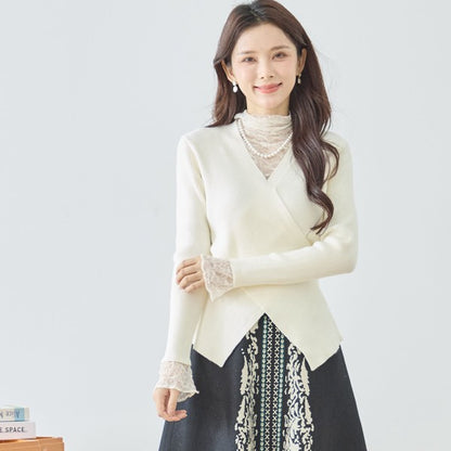 【M〜L】レースインナー付きアシメ重ねデザインニットトップス｜フェミニン×上品レイヤード・amie studio・N12-949