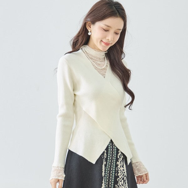 【M〜L】レースインナー付きアシメ重ねデザインニットトップス｜フェミニン×上品レイヤード・amie studio・N12-949