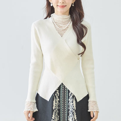 【M〜L】レースインナー付きアシメ重ねデザインニットトップス｜フェミニン×上品レイヤード・amie studio・N12-949