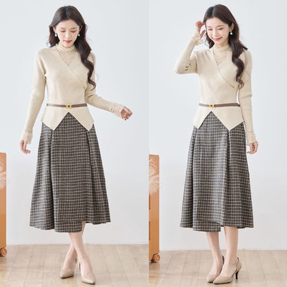 【M〜L】レースインナー付きアシメ重ねデザインニットトップス｜フェミニン×上品レイヤード・amie studio・N12-949