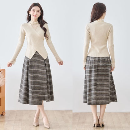 【M〜L】レースインナー付きアシメ重ねデザインニットトップス｜フェミニン×上品レイヤード・amie studio・N12-949