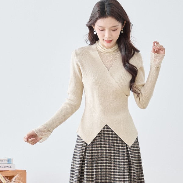 【M〜L】レースインナー付きアシメ重ねデザインニットトップス｜フェミニン×上品レイヤード・amie studio・N12-949