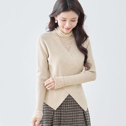 【M〜L】レースインナー付きアシメ重ねデザインニットトップス｜フェミニン×上品レイヤード・amie studio・N12-949