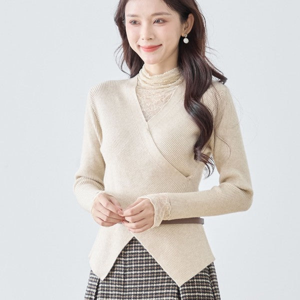 【M〜L】レースインナー付きアシメ重ねデザインニットトップス｜フェミニン×上品レイヤード・amie studio・N12-949