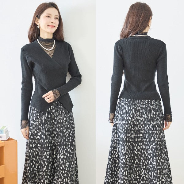 【M〜L】レースインナー付きアシメ重ねデザインニットトップス｜フェミニン×上品レイヤード・amie studio・N12-949