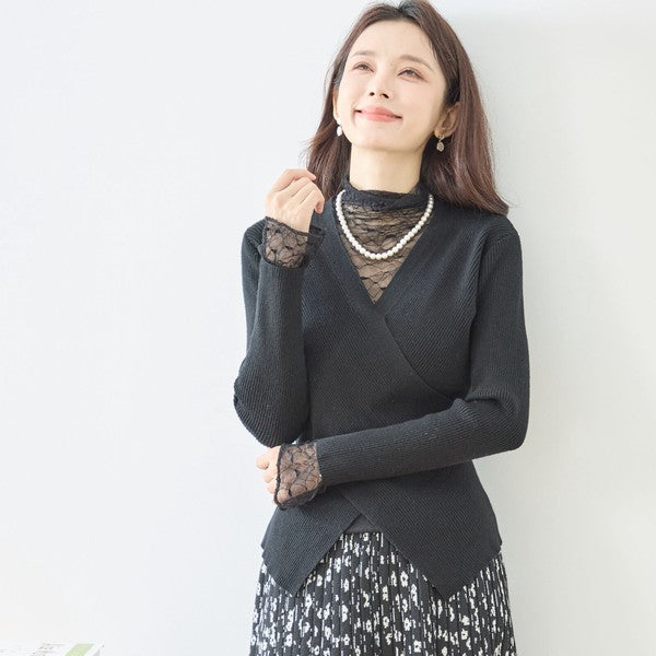 【M〜L】レースインナー付きアシメ重ねデザインニットトップス｜フェミニン×上品レイヤード・amie studio・N12-949