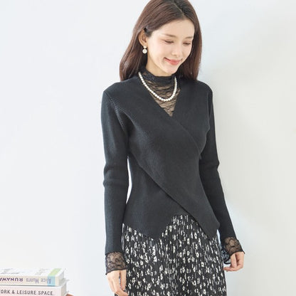 【M〜L】レースインナー付きアシメ重ねデザインニットトップス｜フェミニン×上品レイヤード・amie studio・N12-949