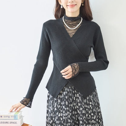 【M〜L】レースインナー付きアシメ重ねデザインニットトップス｜フェミニン×上品レイヤード・amie studio・N12-949