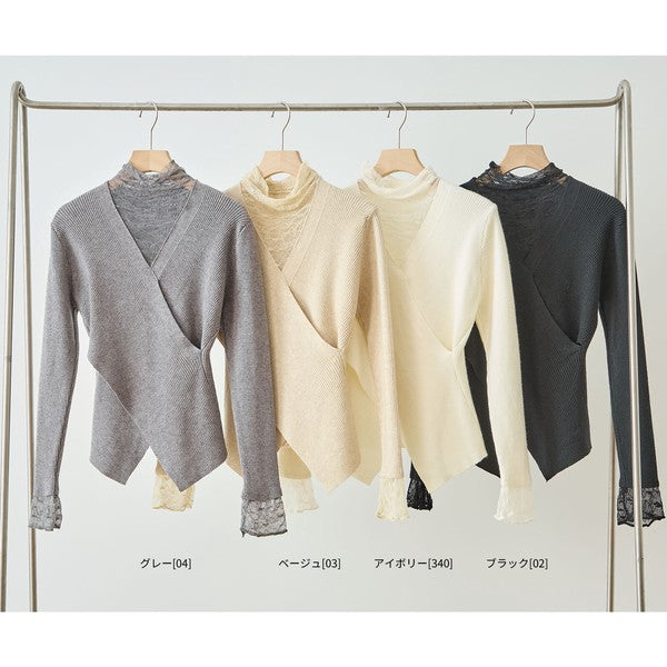 【M〜L】レースインナー付きアシメ重ねデザインニットトップス｜フェミニン×上品レイヤード・amie studio・N12-949