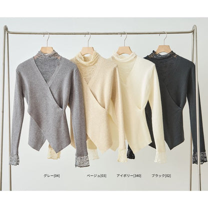 【M〜L】レースインナー付きアシメ重ねデザインニットトップス｜フェミニン×上品レイヤード・amie studio・N12-949