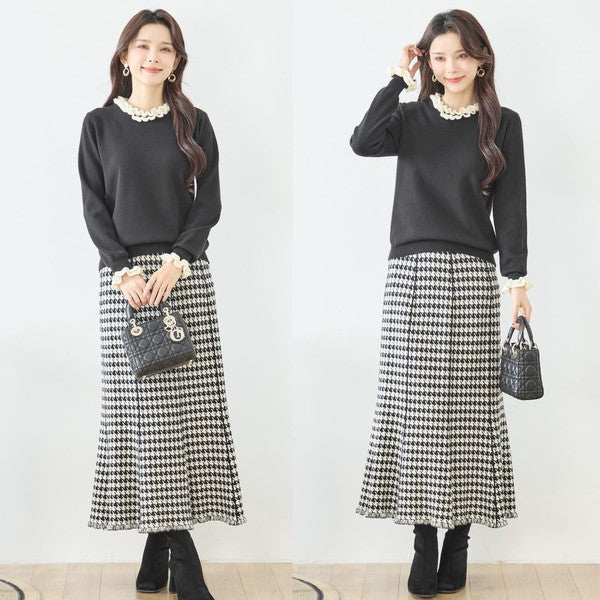 【M〜L】異素材フリルネックニットプルオーバー｜柔らかレーヨン混・上品フリルデザイン｜長袖トップス・N12-953