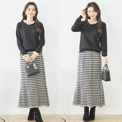 【M〜L】異素材フリルネックニットプルオーバー｜柔らかレーヨン混・上品フリルデザイン｜長袖トップス・N12-953