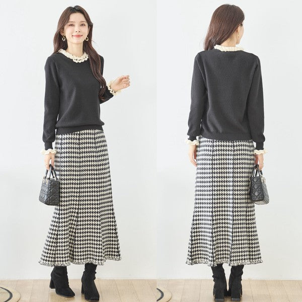 【M〜L】異素材フリルネックニットプルオーバー｜柔らかレーヨン混・上品フリルデザイン｜長袖トップス・N12-953