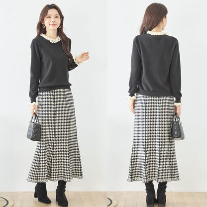 【M〜L】異素材フリルネックニットプルオーバー｜柔らかレーヨン混・上品フリルデザイン｜長袖トップス・N12-953