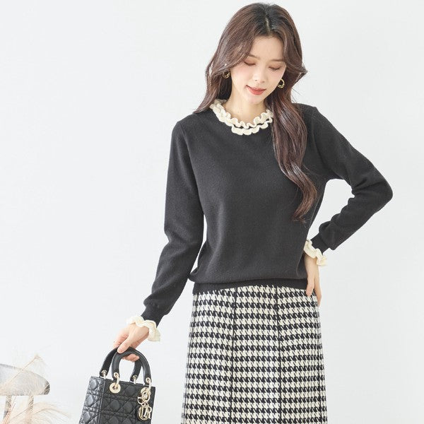 【M〜L】異素材フリルネックニットプルオーバー｜柔らかレーヨン混・上品フリルデザイン｜長袖トップス・N12-953