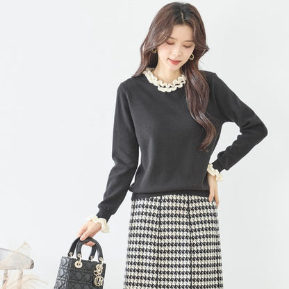 【M〜L】異素材フリルネックニットプルオーバー｜柔らかレーヨン混・上品フリルデザイン｜長袖トップス・N12-953