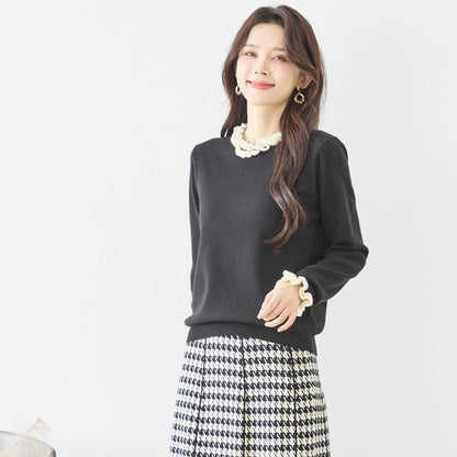 【M〜L】異素材フリルネックニットプルオーバー｜柔らかレーヨン混・上品フリルデザイン｜長袖トップス・N12-953