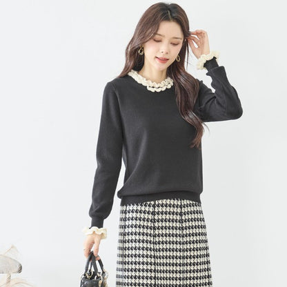 【M〜L】異素材フリルネックニットプルオーバー｜柔らかレーヨン混・上品フリルデザイン｜長袖トップス・N12-953