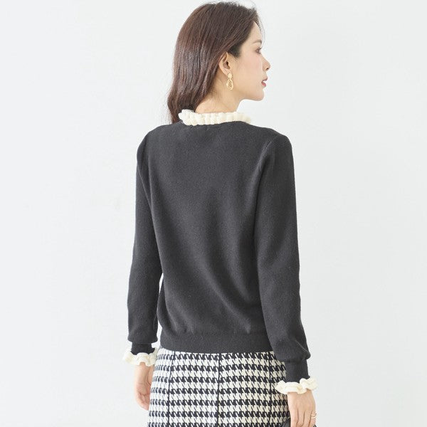 【M〜L】異素材フリルネックニットプルオーバー｜柔らかレーヨン混・上品フリルデザイン｜長袖トップス・N12-953